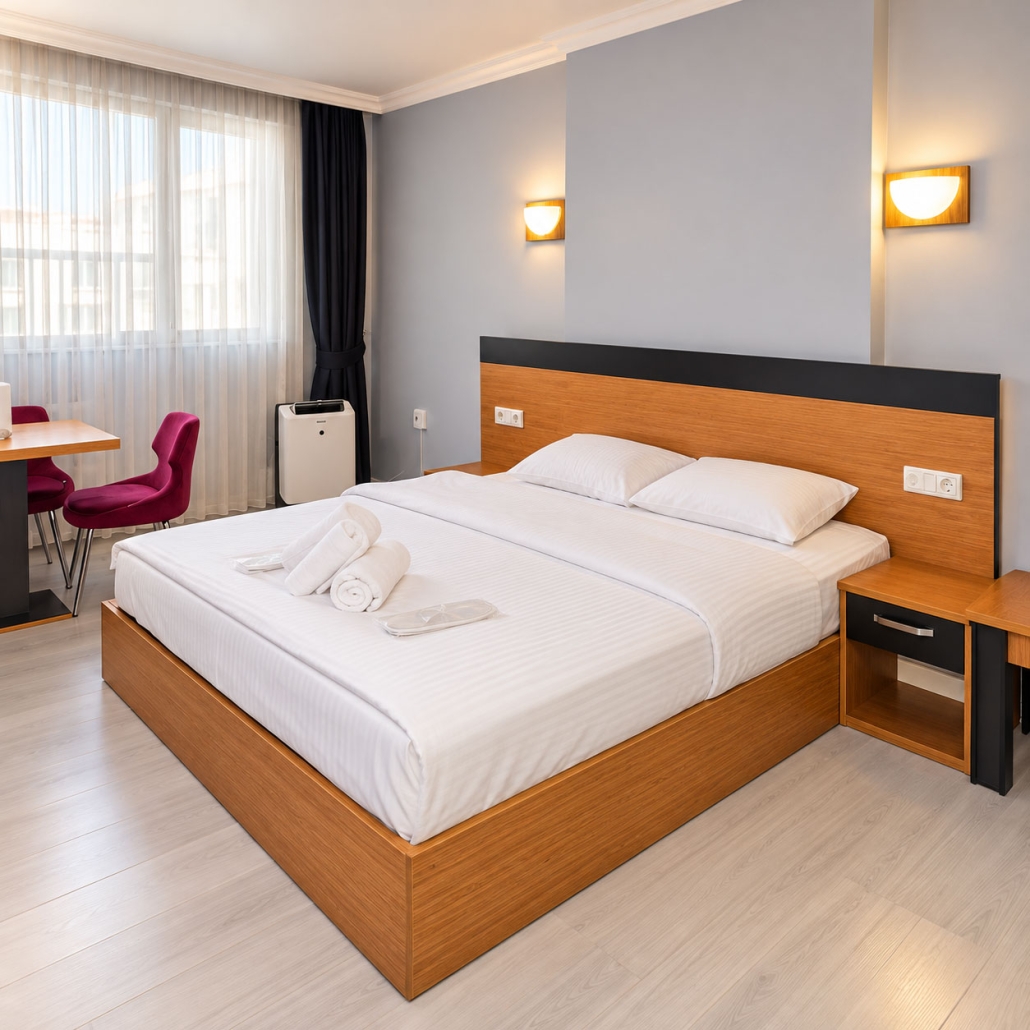 Çift kişilik otel odası için temsili yatak odası fotoğrafı